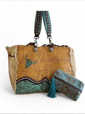 Myra Leather Embossed Weekend Bag & Toiletries Set